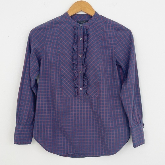 J. Crew 100% Cotton Plaid Ruffle Popover Button Up Shirt Casual Top Size 00 - Picture 2 of 16